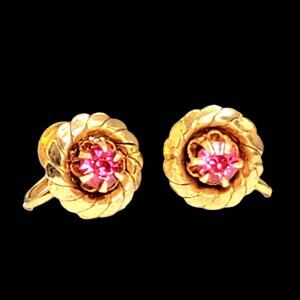 Vintage Screw Back Gold Tone Pink Gem Clip On Earrings